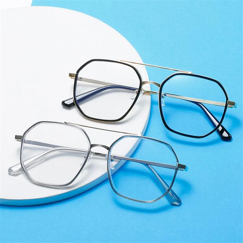 Double Beam Metal Polygon Finished Myopia Glasses Women Men Literary Student Prescription Eyeglasses Diopter 0 -0.5 -1.0 To -6.0 5