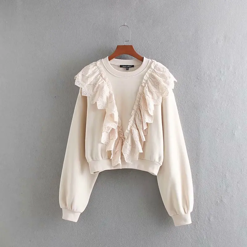  New Women hollow out embroidery lace cascading ruffles chic sweatershirts female autumn long sleeve