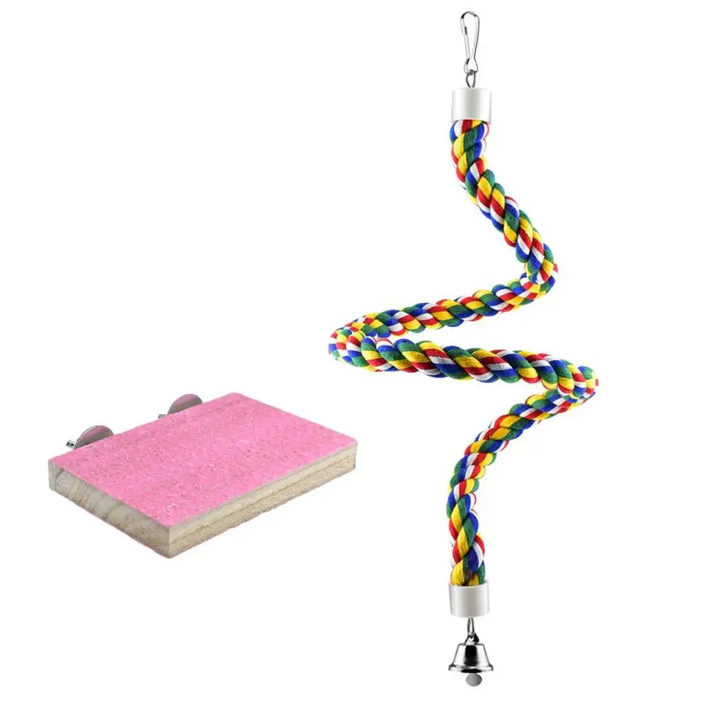 

2 Pcs/set Bird Perches Wood Stand Playground Paw Grinding Rope Parrot Cage Climbing Ropes Swing Spiral Standing Toy