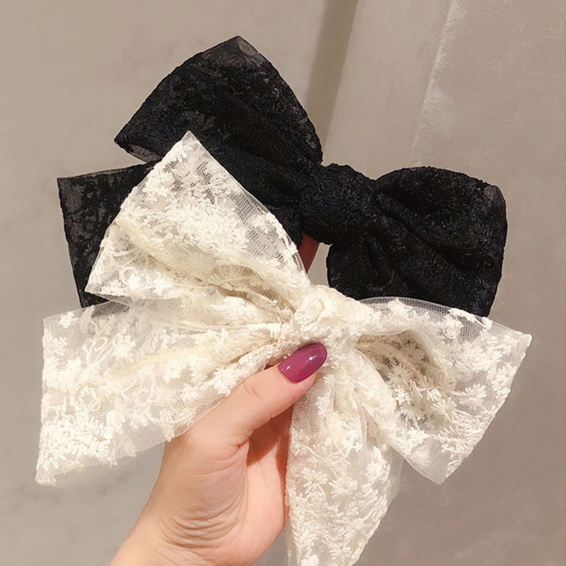 New Lace Bow Elastic Hair Ropes Black White Sweet Hairwear Girl Ribbon Women Vintage Hair Rings Hair Ornament Hair Accessories pink hair clips