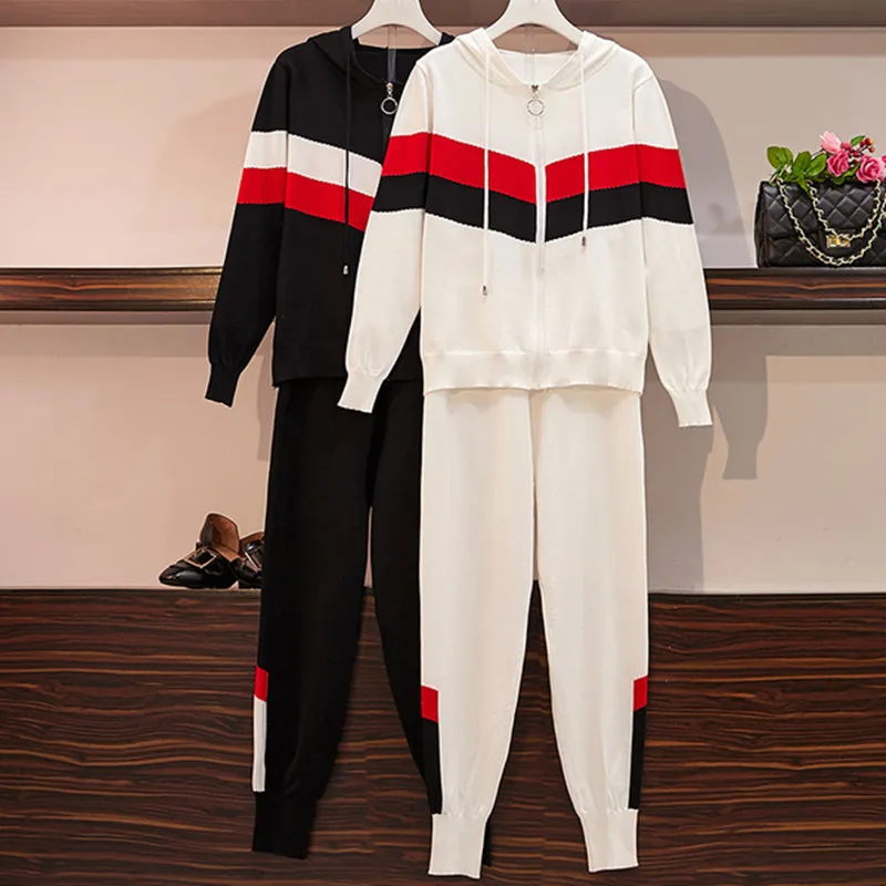 

2019 Autumn Female Simple Striped Patchwork Hooded Knitted Cardigan + Knit Pants 2 Piece Trousers Set Tracksuits Women