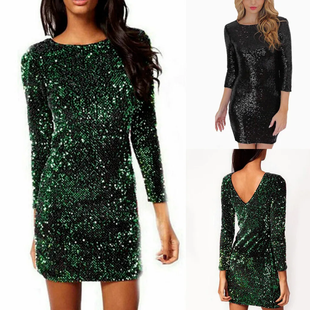 Robe hiver femme, женское рождественское платье, платье с v-образным вырезом на спине, с длинным рукавом, стрейчевое, с блестками, облегающее, вечерние, зимнее платье, vestidos ropa mujer