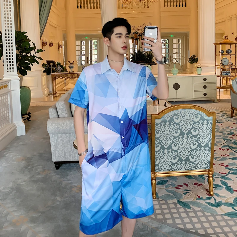Men's Wear 2020 Summer Geometric Pattern Beach Men's Half Sleeve Shorts Overalls For Male Tide New Clothes