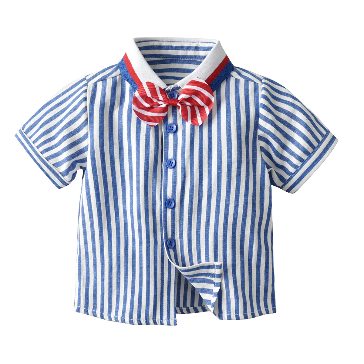 Комплект короткой одежды для мальчиков яркая синяя и белая рубашка + белые шорты с красным поясом, комплект детской одежды для маленьких