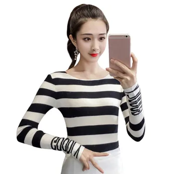 

Women Autumn Winter Stripes Letter Print Slim Long Sleeved Collar Slim Bottom Knit Sweater