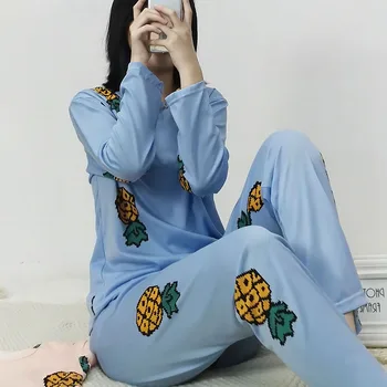 

Spring autumn Women Pyjamas Cartoon printed Pajamas Set Thin Pijamas Mujer Sleepwear suit long Sleeve Nightgown casual homewear