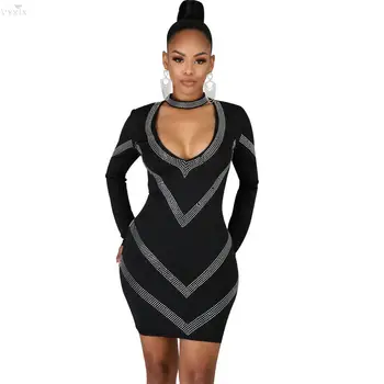 

Spring Diamond Bodycon Dress Long Sleeve High Waist Deep V Neck Nimi Dress Elegant Short Sexy Dresses Evening Club Party Dresses