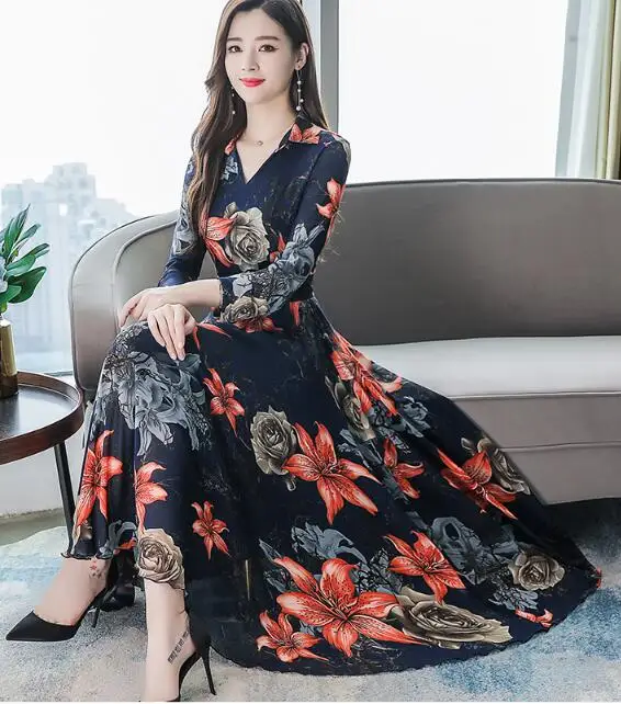 

2019 Autumn New Arrival Plus Size Elegant V Collar Flower Printed Maxi Woman Long Bohemian Style Chiffon Dress