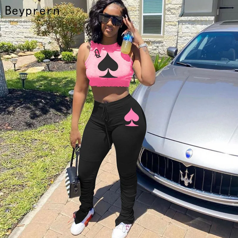 Kricesseen Sexy Black Poker Printed Two Piece Pant Set Women Sleeveless Tank Top And Long Pant Suits Matching Set Outfits