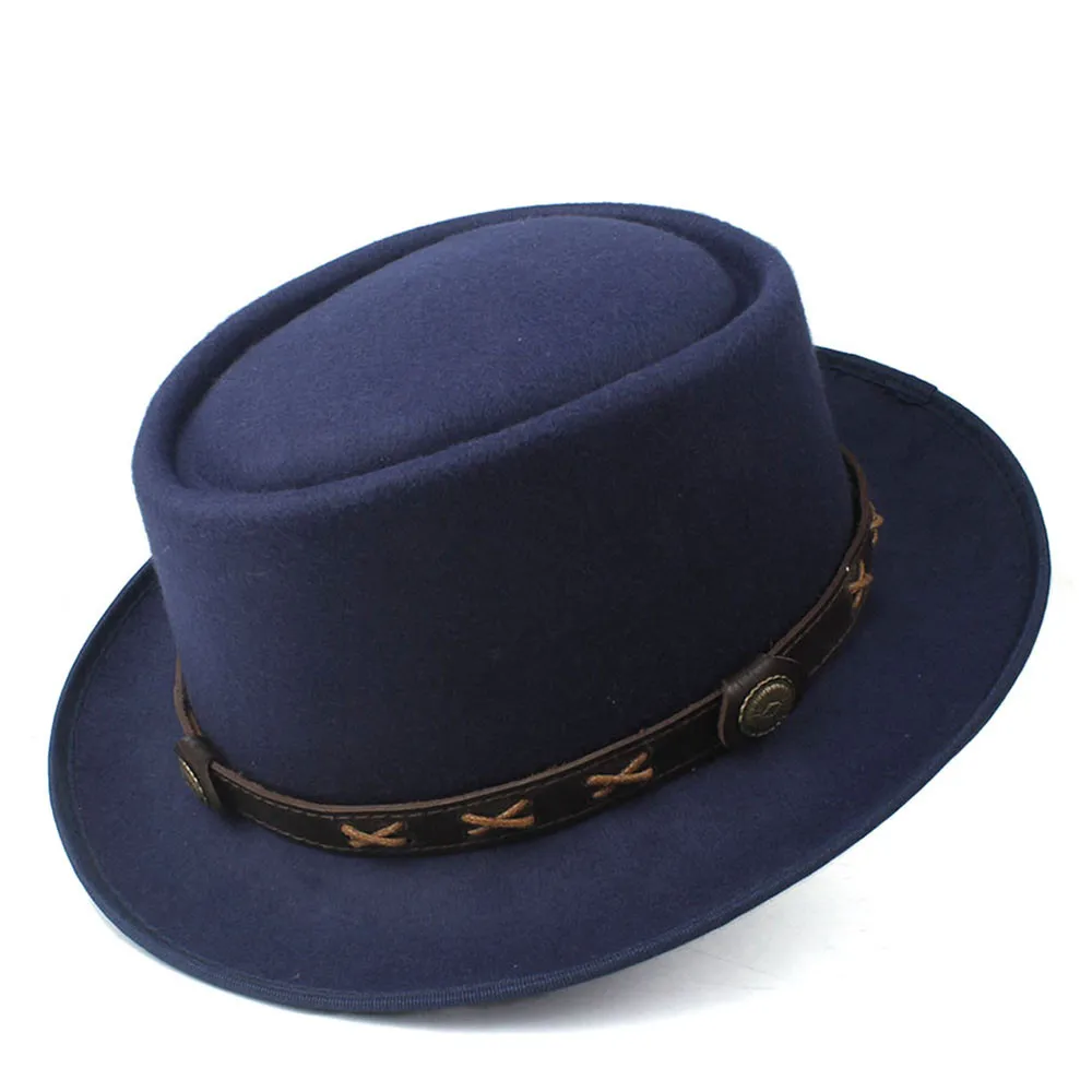 Dark Blue Модная мужская и женская шляпа с панковским поясом, шляпа-федора для джентльменов, шерстяная плоская шляпа-федорта - Цвет: Dark Blue