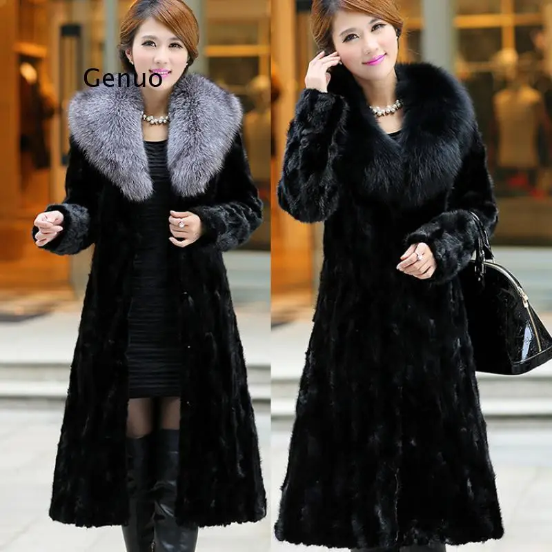 9Xl Women Winter and Autumn Large Size Black Faux Fox Fur Coats Long Section Turn Down Collar Man-Made Fur Overcoats Clothes