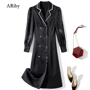 

ARiby Fashion Dress 2020 Spring and Summer New Retro French Lapel Nail Diamond Double Sleeve Solid Color Slim Dress Vestidos