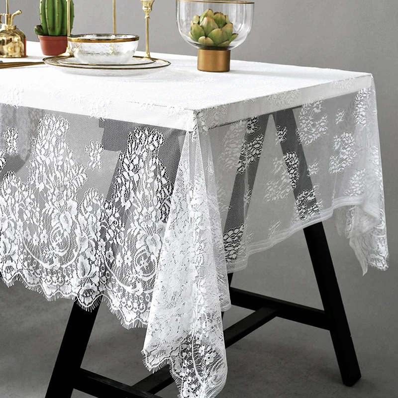 

1 pc Rectangle White Lace Tablecloth Dining Table Cover Cloth Home Hotel Textile For Christmas Wedding Event Hotel Decora