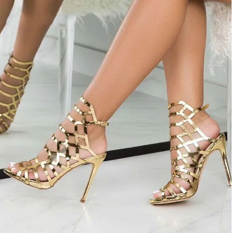 

QWEDF 2019 Summer Women Sandals High Heels Hollow Out Gladiator Sandals Patent Leather Golden Party Shoes Dropshipping G8-80