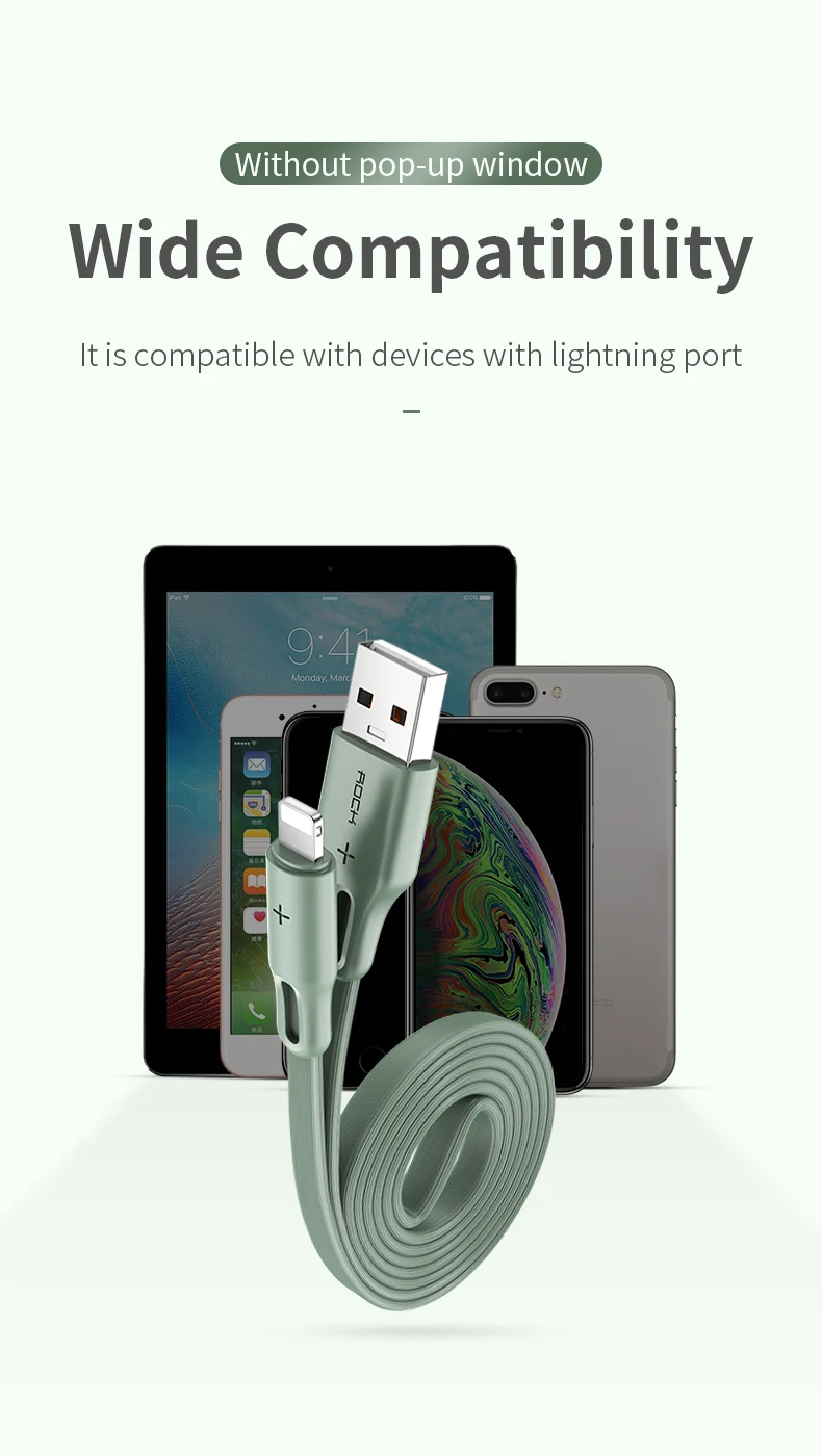 Rock usb кабель зарядное устройство для iPhone xs max xr 8 7 6s plus 5 11 apple ipad pro Кабель передачи данных для быстрой зарядки 2.4A плоский провод 8 pin черный