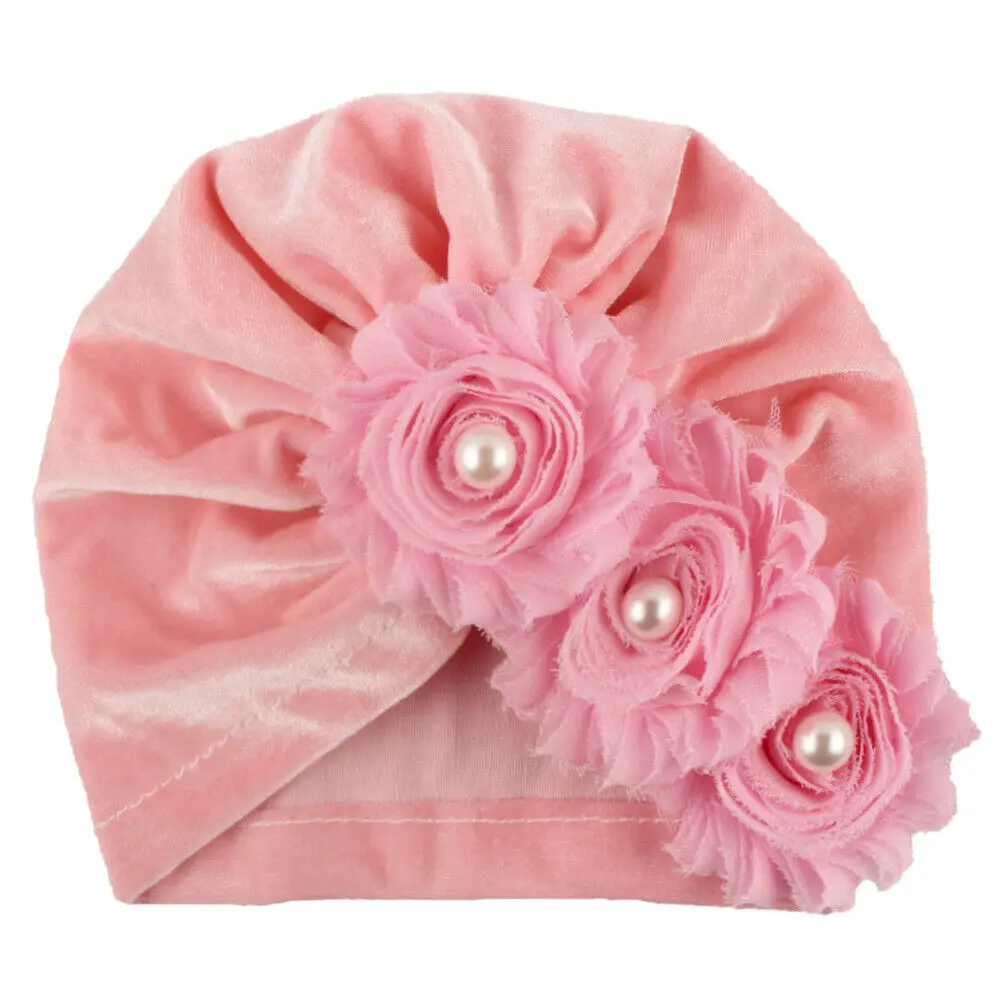 Комплект для новорожденных детей, детские шляпы для мальчиков и девочек из плотной ткани для девочек, с кружевными цветочками тюрбан скрученный узел бархат шапка Кепки - Цвет: Розовый