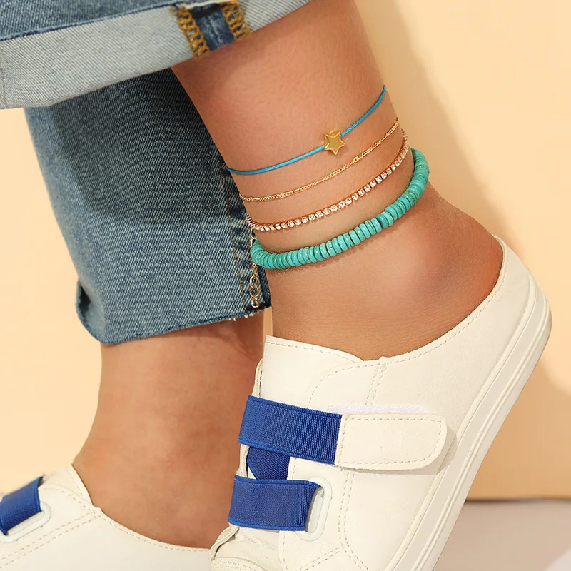 

Fashion Simple Ankle Bracelet Girls Beach Rhinestones Stars Green Stone Anklets 4 Pcs Alloy Foot Bracelets Jewelry For Women