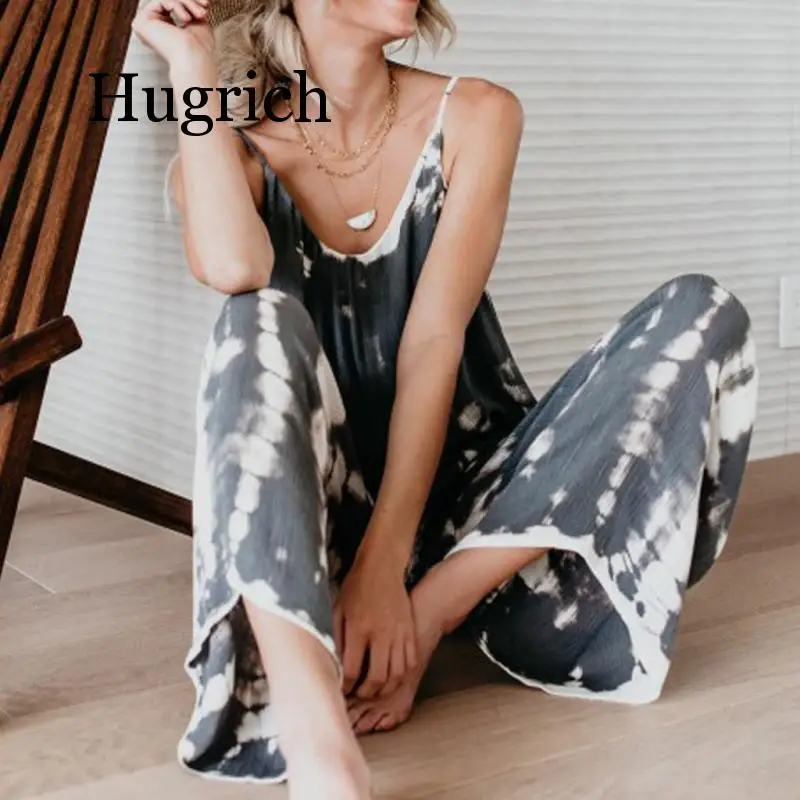 

Women Summer Loose Wide Legs Jumpsuit Sling Long Sleeveless High Waist Plus Size bodysuit Ladies Print O-neck Casual Rompers
