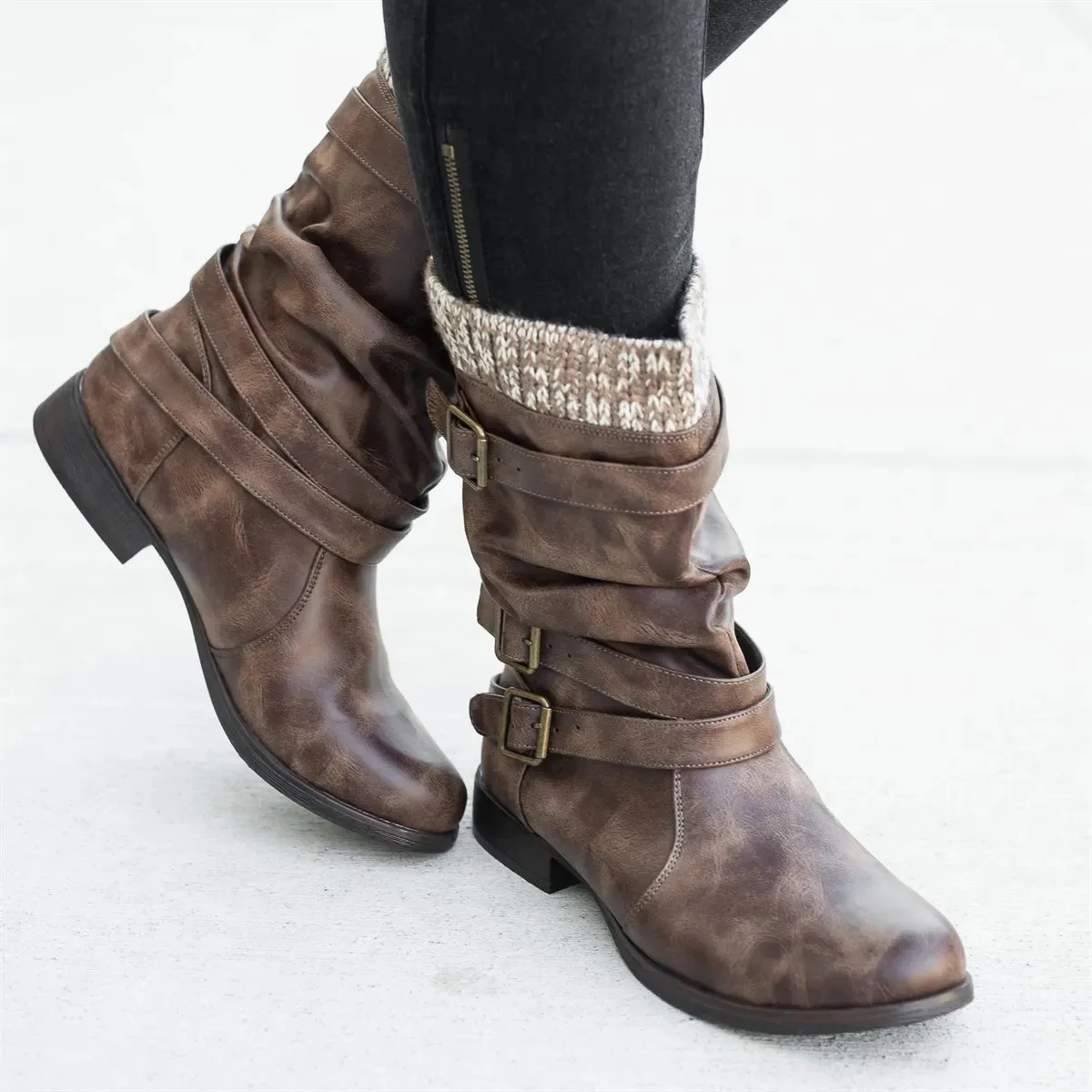 LOOZYKIT/зимняя обувь; женские ботинки; Новинка года; ботинки из шерсти с пряжкой; однотонные кожаные ботинки до середины икры на толстом высоком каблуке; теплая женская обувь