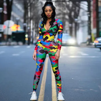 

Long Skinny jumpsuit Women 2020 Zipper High Collar Full Sleeve Casual Camouflage bodysuit Sexy Rompers Ladies playsuit