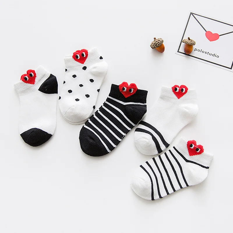 5 пар/лот детские носки для мальчиков и девочек, модные хлопковые носки с дышащей сеткой весна-лето, высокое качество, От 1 до 8 лет, подарки на день рождения - Цвет: Black White Love
