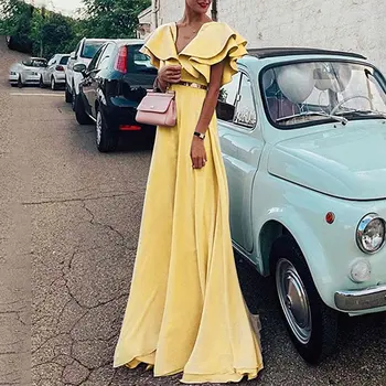 

Women's Fashion Ladies Stylish Solid Color Sexy Deep V Neck Ruffled Short Sleeve Party Evening Pleated Maxi Long Elegant Dresses