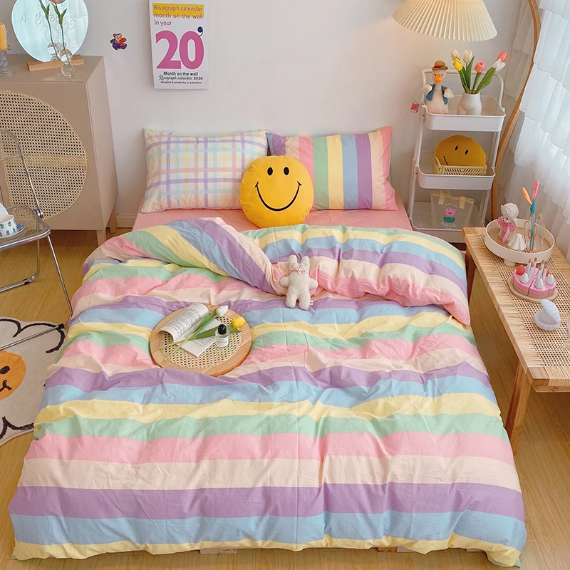 OXYGEN Soild Cotton Beddiing Set 4pcs Duvet Cover Queen Size Bed Sheet Set Twin Bed linen Striped Square Home Textiles