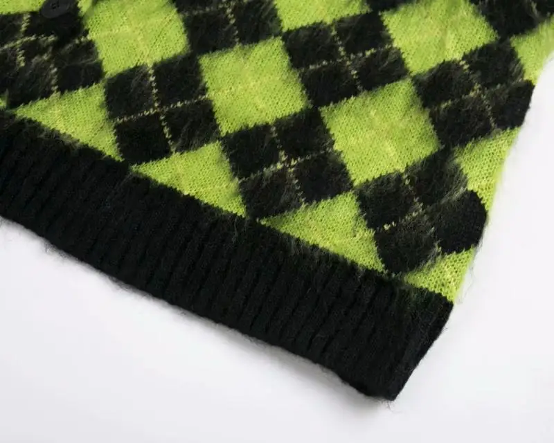 Винтажный бриллиантовый узор в клетку зеленый черный мохер трикотажные vneck bottons укороченные кардиганы свитер женский ctop top YQ-1072