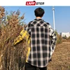 LAPPSTER Men Oversized Cotton Plaid Shirt 2022 Man Hip Hop Patchwork Button Up Long Sleeve Shirt Couple Korean Harajuku Clothing ► Photo 2/6