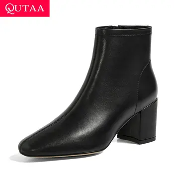 

QUTAA 2021 Round Toe Zipper Fashion Ankle Boots Square High Heel Concise Women Shoes Quality Sheepskin Ladies Pumps Size 34-43