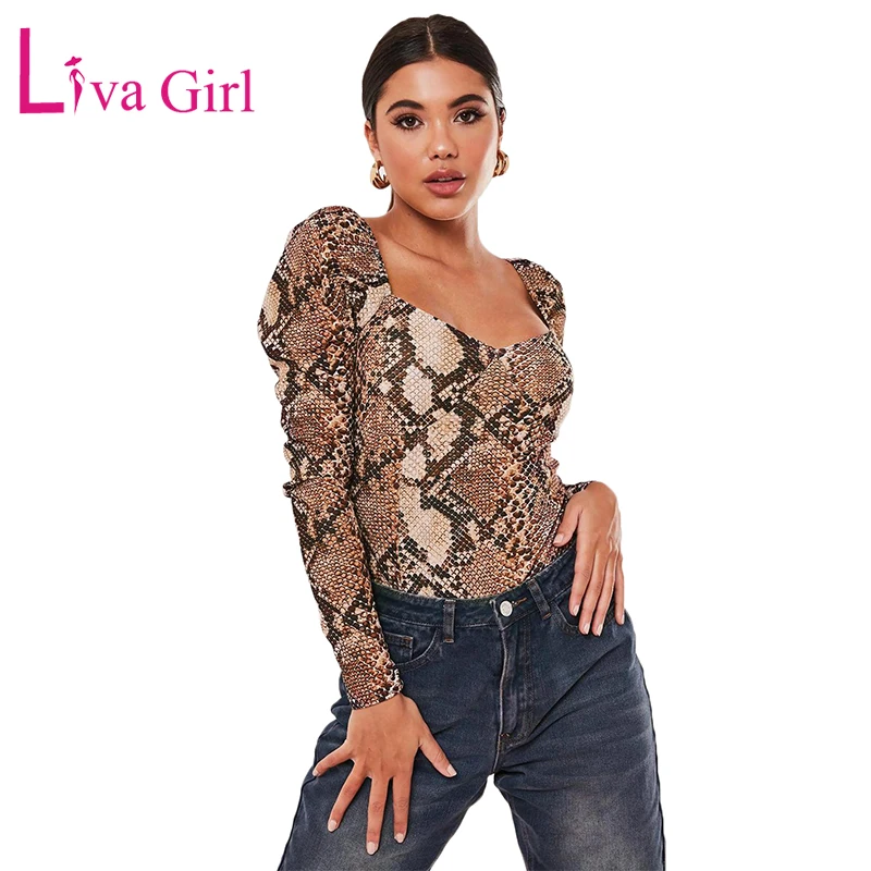 Сексуальное Женское боди LIVA GIRL со змеиным принтом с квадратным воротником и