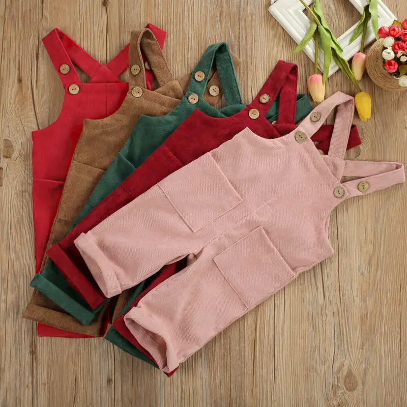 

Newborn Kids Baby Girl Boy Corduroy Overalls Strap Pants Romper Outfits Clothes Button Pockets Solid Color Toddler Set