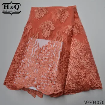 

H&Q orange french net lace fabric embroidered with beads and stones 5 yards/piece african tulle laces fabrics for garment sewing