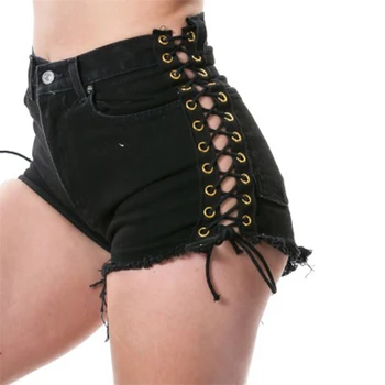 

Short Booty Shorts Women High Waist Denim Shorts Strap Vintage Ladies Black Spandex Korean Short Jeans Lace Up Shorts Ripped2020