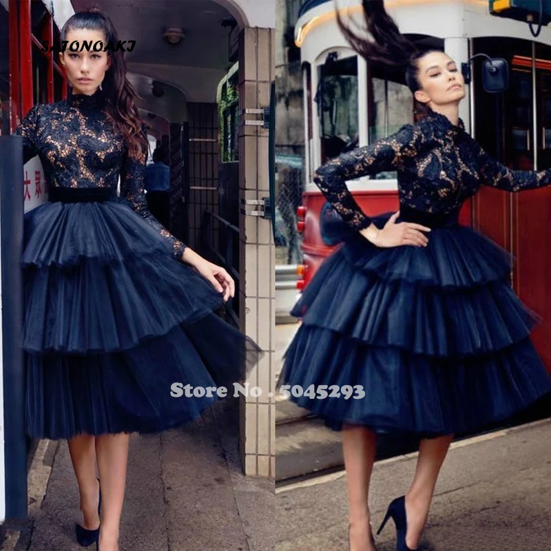 

SATONOAKI 2019 Little Black Lace Arabic Gothic Short Cocktail Dress High Neck Long Sleeves Holiday Club Homecoming Party Dress