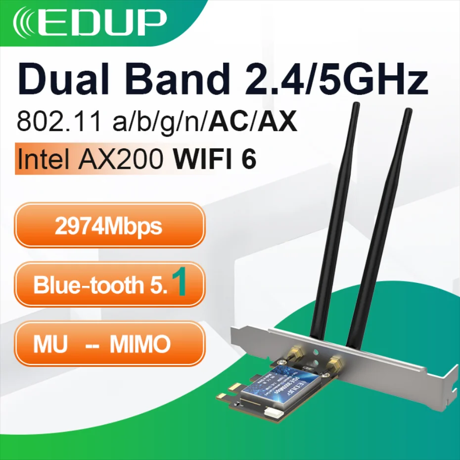 EDUP 3000Mbps WiFi 6 PCI Express Blue-tooth 5.1 Adapter Dual Band 2.4G/5GHz 802.11AC/AX Intel AX200 PCIe Wireless Network Card