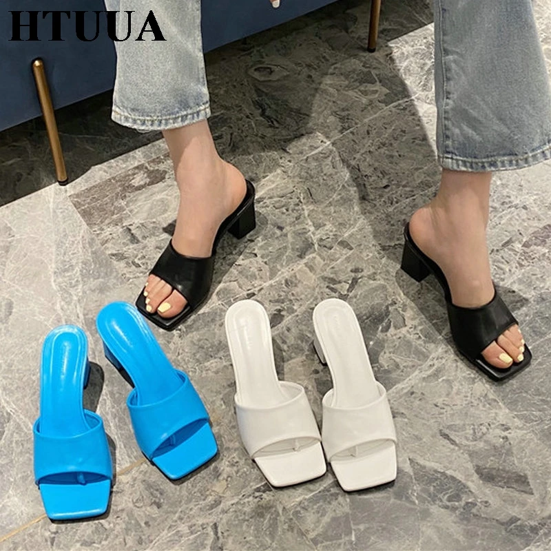 HTUUA 2020 New Brand Women Slippers Square High Heel Flip Flop Slides Summer Sandals Slip On Outdoor Beach Ladies Shoes SX3946 | Обувь