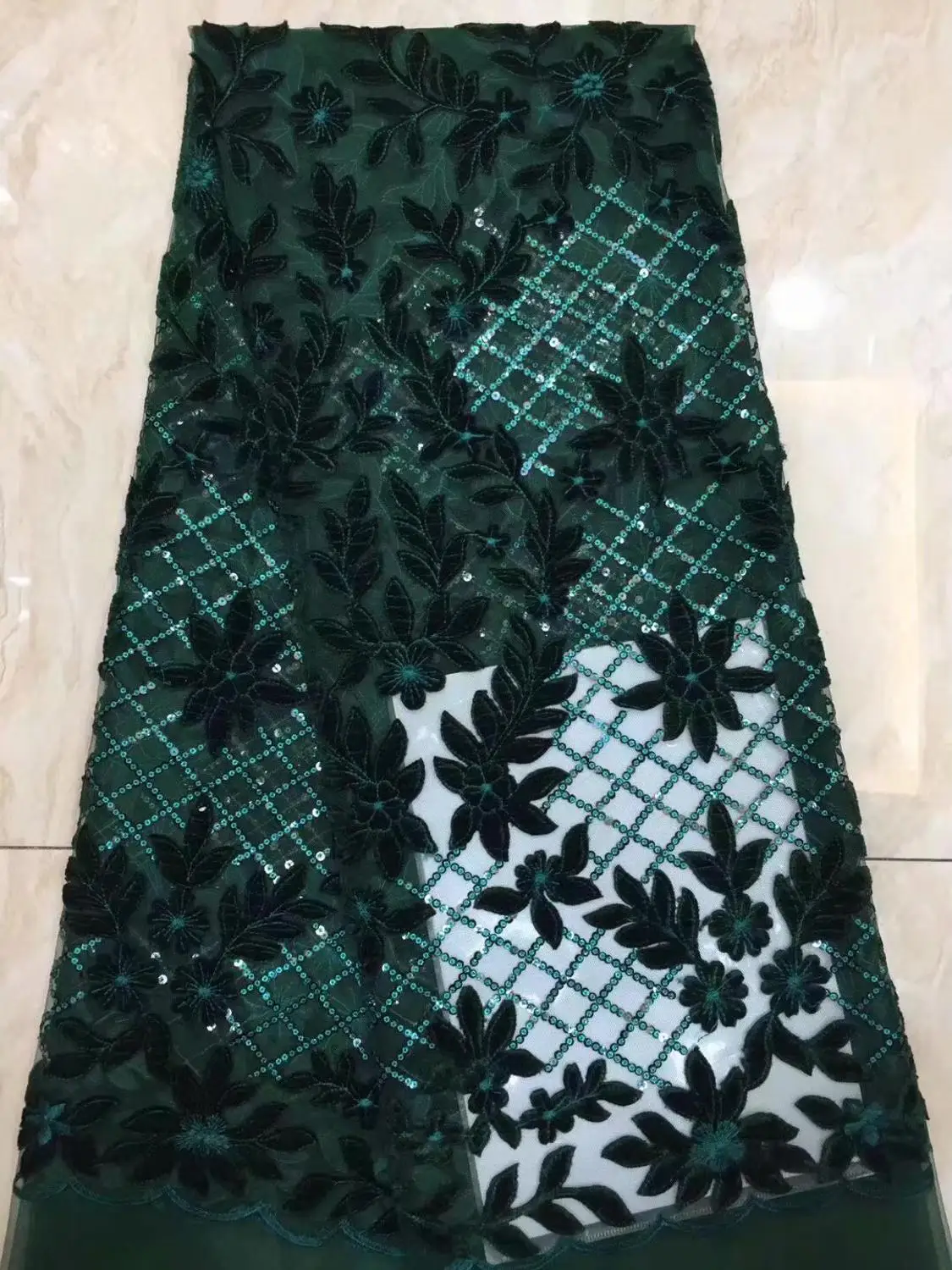

African lace fabric 5yds/pce green velvet sequins embroidery mesh fabrics women gorgeous luxury party asoebi bright dress 2019