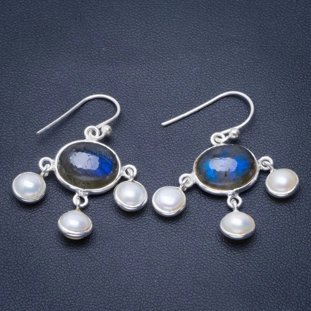 

Natural Blue Fire Labradorite and River Pearl Handmade Unique 925 Sterling Silver Earrings 1.25" B2246