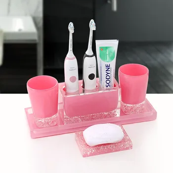 

Bathroom Accessories Set Resin Material Electric toothbrush Holder Gargle Cup Soap Dish 5 Pieces Set With Tray Wedding Gifts