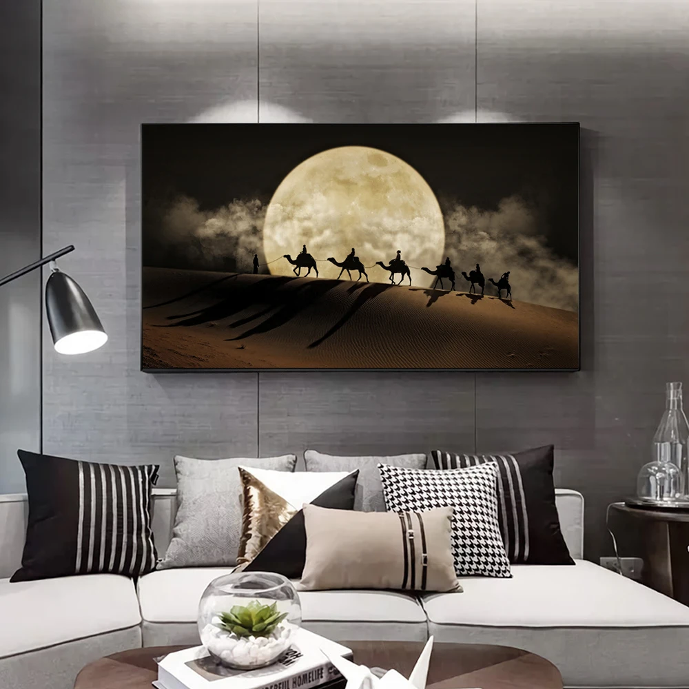 Moon Night and Camels in Desert Printed on Canvas