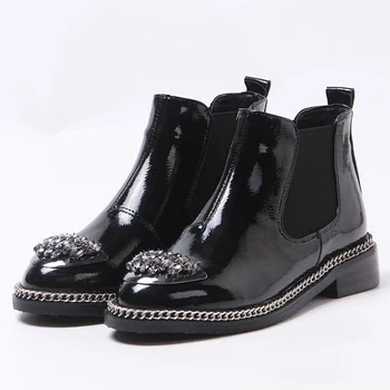 

Black Leather Chelsea Boots For Women Crystal Decor Round Toe Shoes Woman Elastic Band Ankle Boots 2019 Metal Chain Ladies Shoes