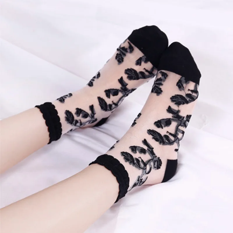 

Summer Women Socks Breathable Elasticity Womens Silk Lace Transparent Socks 5 Color Flowers Pattern Sheer Mesh Sock Hosiery