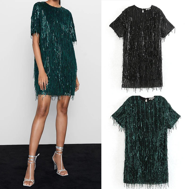 

Za 2019 dresses woman party night sequin dress tassels Chic short Sleeve casual midi Female Ladies Vestidos mujer