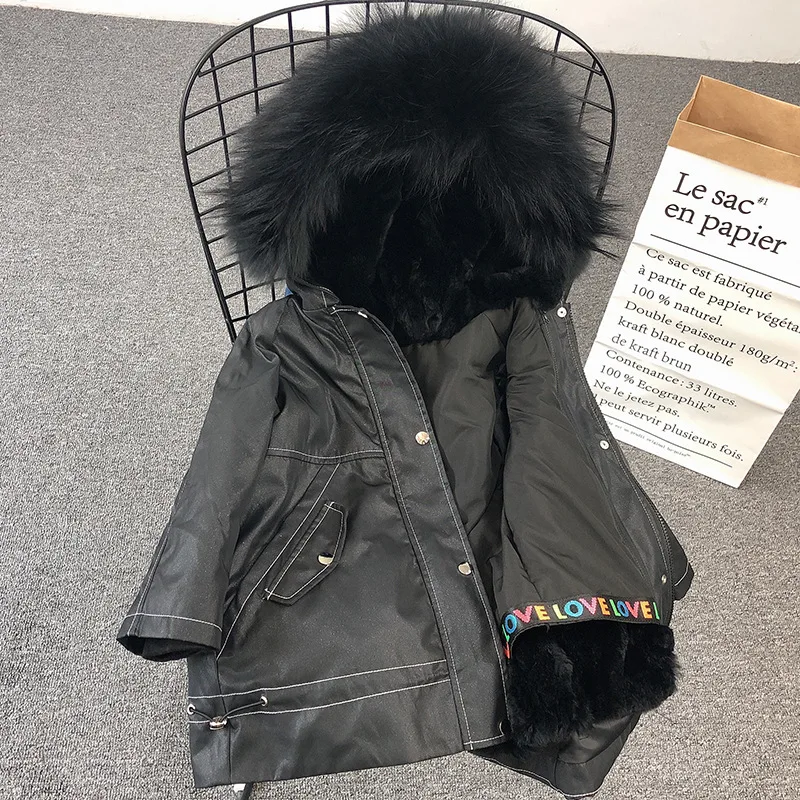 black w black fur 1906 Новая модная зимняя одежда для мальчиков и девочек, пальто с натуральным мехом, длинное пальто с капюшоном с кроличьим мехом - Цвет: black w black fur