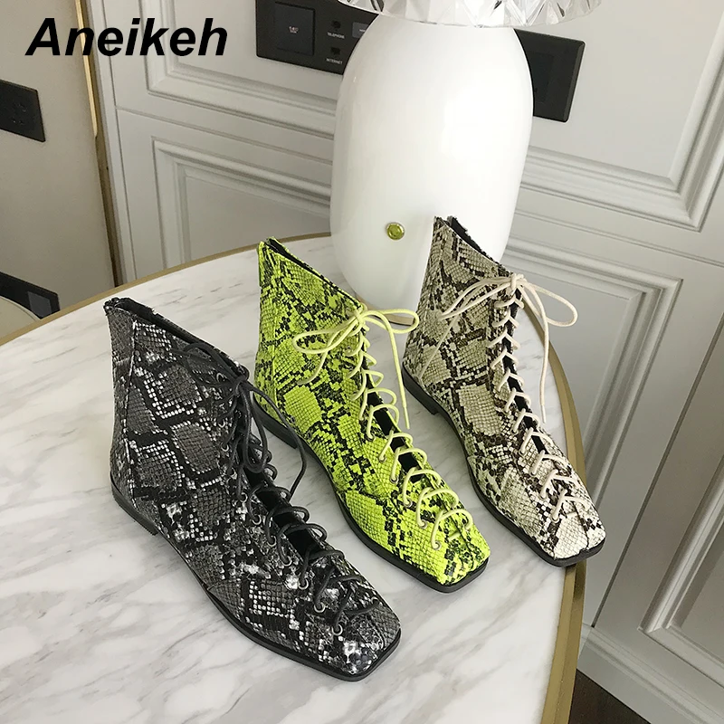 

Aneikeh Women Zipper Boots Snake Print Ankle Boots For Women Flat Casual Shoes Lace Up Female Boots Party Shoes zapatos mujer