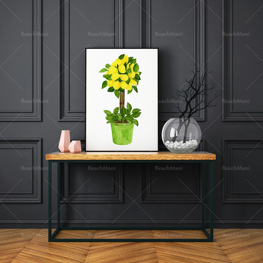 Lemon Tree Ginger Jar Art Print, Decorazione Di Arte Della Parete Del Limone In Porcellana Verde Acquerello, Arte Della Parete Dell'Albero Di Agrumi, 