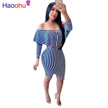 

2019 Autumn Winter Women's set Ful sleeve Ruffles Striped Print crop top bodycon short skirt suit two piece set tracksuit