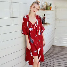 Винтажное Сексуальное Женское Платье с принтом Журавля, Халат+ мини-ночная сорочка, комплект из двух предметов для сна, искусственная шелковая ночная рубашка* S