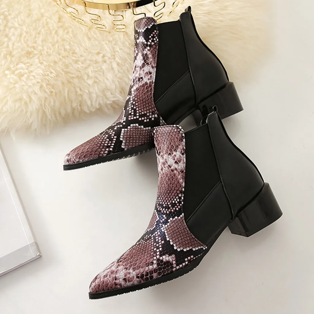 ankle boots heels woman Snake Grain Pointed Toe Slip-Up Boots Square Heels Vintage Women bota infantil para neve#109g25